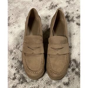 ANNE KLEIN Utopia Women's Tan Sandstone Suede Chunky Loafers Sz 6.5